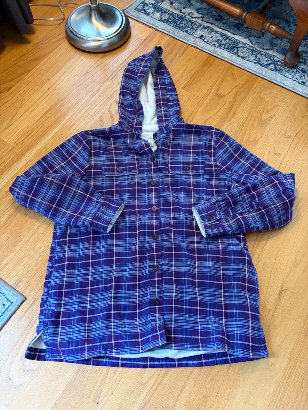 L. L. Bean Fleece Lined Hoodie Purple Plaid Shirt Jacket size M